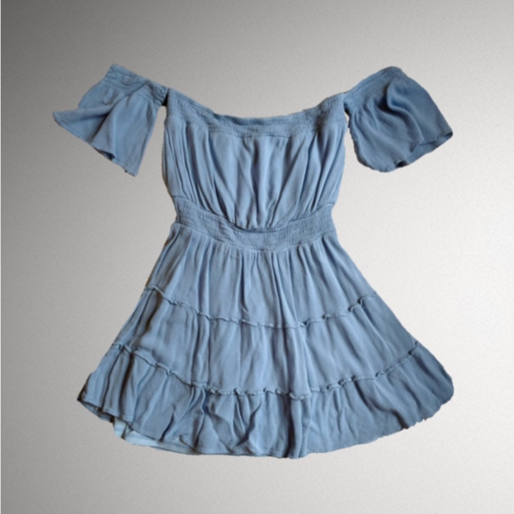 Light blue off the shoulder dress from Lulu’s.